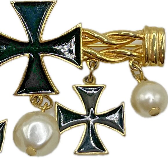 Vintage Black Enamel Cross Imitation Dangling Pearls Bar Brooch Costume Jewelry - Picture 8 of 9